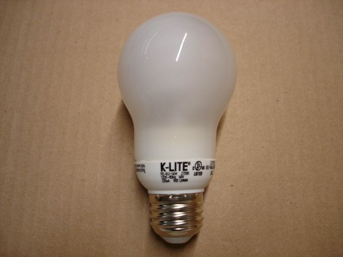 K-Lite 14W CFL
Here's a K-Lite 14W warm white non-dimmable covered compact fluorescent lamp.

Lamp shape: A19

Lamp life: 10,000 hours

Colour temperature: 2700K

Voltage: 120V

Current: 230 mA

Lumens: 800

Base: Medium E26
