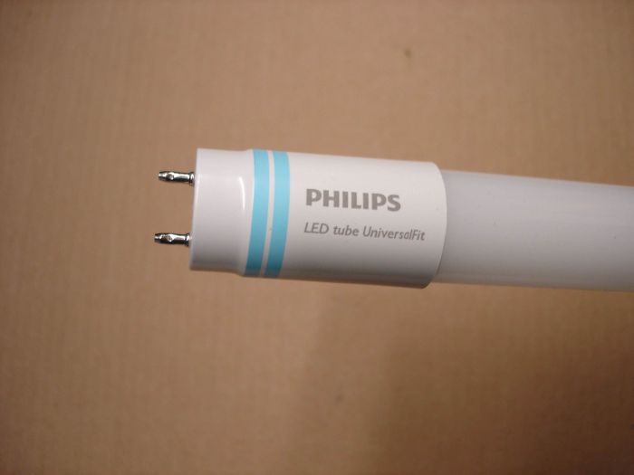Philips 16W LED
Here's a Philips 16W LED T8 glass tube Universal Fit that works on certain F40T12 electronic and magnetic ballasts and replaces F40T12 fluorescent tubes without any retrofit. 

Made in: China

Lamp lumens: 1800

Lamp life: 36,000 hours

Colour temperature: 4000K

CRI: 80

Lamp shape: T8 linear
