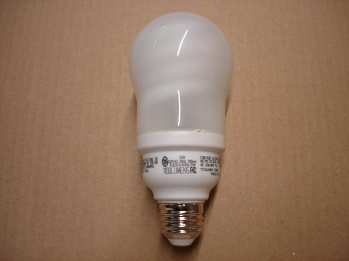 GE 20W CFL
Here's a GE 20W soft white non-dimmable covered compact fluorescent lamp.

Made in: China

Voltage: 120V

Current: 300 mA

Lamp life: 10,000 hours

Lumens: 1100

Lamp shape: A21 (even though classified as A19)

Colour temperatrue: 2700K

CRI: 82


