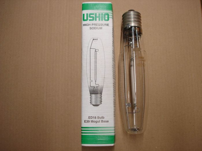 Ushio 200W HPS
Here's a Ushio 200W high pressure sodium lamp.

Manufactured: February 2004

Made in: Romania

Lamp life: 24,000 hours

Lumens: 22,000

Colour temperature: 2000K

Lamp shape: ED18

Base: Mogul E39


