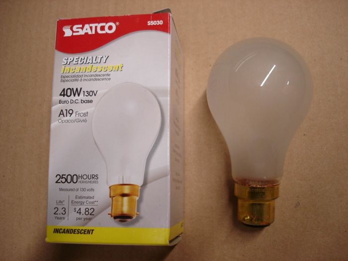 Satco 40W
Here's a Satco 40W frosted Specialty Incandescent with a bayonet base. 

Made in: China

Lumens: 330

Voltage: 130V

Filament: CC-6

Lamp shape: A19

Base: B22d Bayonet 

Lamp life: 2500 hours
