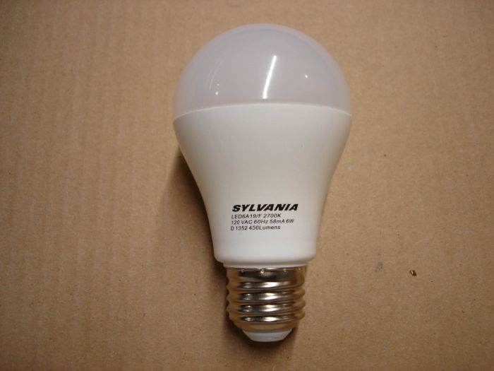 Sylvania 6W LED
Here's a Sylvania 6W warm white non-dimmable  LED lamp.

Made in: N/A

Lamp life: 25,000 hours

Lamp shape: A19

Voltage: 120V

Current: 58 mA

Colour temperature: 2700K

Lumens: 450

CRI: 80
