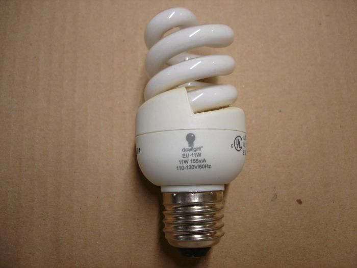 Daylight 11W
Here's a Daylight 11W non-dimmable natural white compact fluorescent lamp.

Made in: N/A

Voltage: 110 - 130V

Current: 155 mA

Lamp life: ~ 10,000 hours
