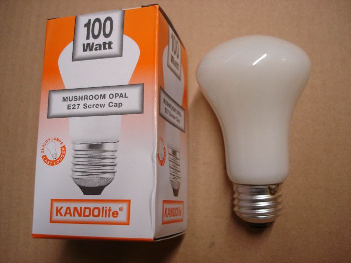 Kandolite 100W
Here's a Kandolite 100W frosted mushroom incandescent lamp. The box indicates that the lamp has an E27 base, but it's an E26.

Made in: China

Lumens: 1450

Lamp life: 1150 hours

Current: 0.84A

Voltage: 120V

Lamp shape: K19

Base: Medium E26

Filament: C-6


