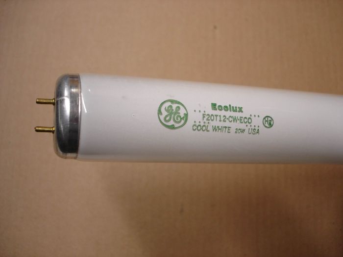 GE F20T12
A GE F20T12 Ecolux cool white fluorescent lamp.

Made in: USA

Colour temperature: 4100K

Lamp life: 10,000 hours

Lumens: 1200
