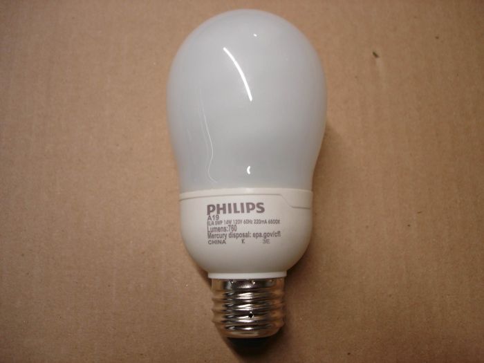 Philips 14W CFL
A Philips 14W covered daylight compact fluorescent lamp.

Made in: China

Manufactured: May 2013

Colour temperature: 6500K

Lamp shape: A19

Lamp life: 10,000 hours

Current: 220 mA

Lumens: 760

Voltage: 120V


