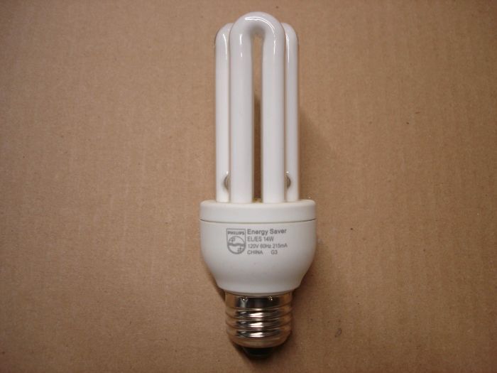 Philips 14W CFL
Here's a Philips 14W warm white Energy Saver compact fluorescent lamp.

Made in: China

Manufactured: July 2003

Colour temperature: 2700K

Lamp life: 10,000 hours

Current: 215 mA

Voltage: 120V

Lamp shape: T4 triple U tube

Lumens: 780
