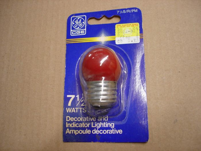 CGE 7.5W
A Canadian General Electric 7.5W decorative red incandescent lamp.

Made in: Canada

Manufactured: Circa 80's

Lamp life: ~1000 hours

Voltage: 120V

Lamp shape: S11
