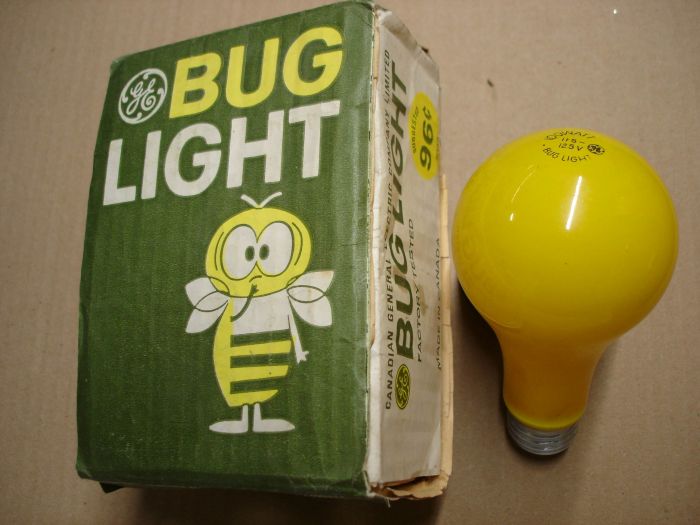 GE 100W
Here's a pack of Canadian General Electric 100W Bug Lights.

Made in: Canada

Lamp life: 1000 hours

Lamp current: 0.76A

Voltage: 115 - 125V

Lamp shape: A21 long neck

Filament: CC-8

Base: Medium E26 aluminum 
