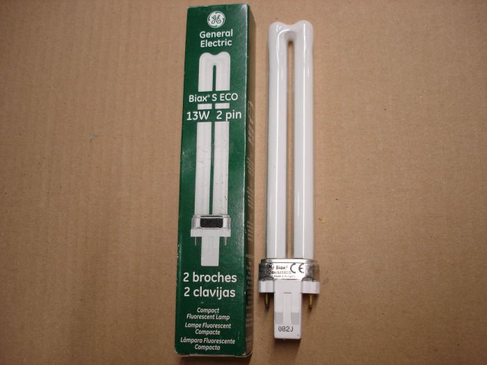 GE 13W WW CFL
A GE 13W warm white Biax S ECO PL style compact fluorescent lamp.

Made in: Hungary

Colour temperature: 2700K

Lumens: 710

Lamp life: 10,000 hours

Current: 0.285A

Voltage: 59V

Base: GX23

CRI: 82
