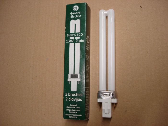 GE 13W SW CFL
A GE 13W soft white Biax S ECO PL style compact fluorescent lamp.

Made in: Hungary

Colour temperature: 3000K

Lamp life: 10,000 hours

Lumens: 710

Base: GX23

Current: 0.285A

Voltage: 59V

CRI: 82
