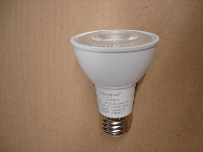 Luminus 7W LED
Here is a dimmable LED Luminus 7W soft white PAR20 lamp with a 40 degree beam. Equals a 50W incandescent.

Voltage: 120V

Current: 62 mA

Lamp life: 25,000 hours

Lumens: 500

Colour temperature: 3000K

CRI: 80
