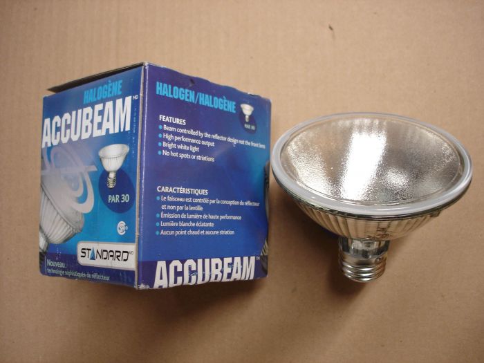 Standard 50W
Here is a Standard 50W Halogen Accubeam PAR30 narrow flood with a 30 degree beam.

Made in: Belgium

Voltage: 130V

Current: 0.34A

Lamp life: 5000 hours

Lumens: 450

Colour temperature: 2800K



