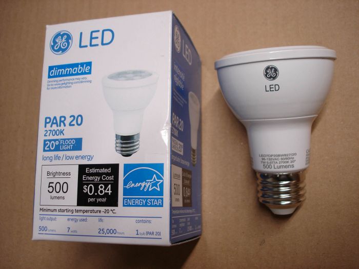 GE 7W LED
Here's a GE 7W LED Energy Smart dimmable PAR20 narrow 20 degree beam floodlight with a white housing.

Made in: China

Colour temperature: 2700K

Lumens: 500

Current: 0.077A

Voltage: 95 - 132V

Lamp life: 25,000 hours
