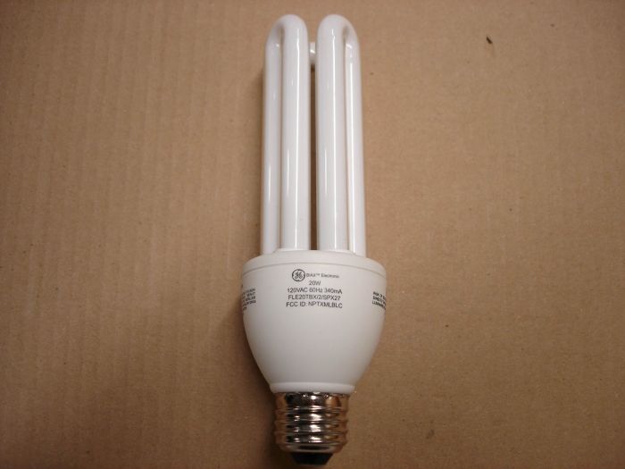 GE 20W CFL
Here is a GE 20W Biax electronic warm white non-dimmable compact fluorescent lamp.

Made in: China

Colour temperature: 2700K

Lumens: 1150

Lamp life: 6000 hours

Voltage: 120V

Current: 340 mA
