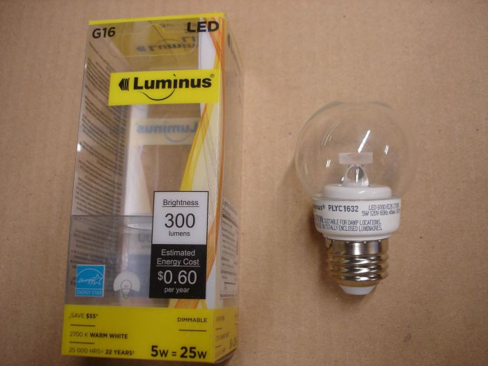 Luminus 5W LED
A Luminus LED 5W dimmable warm white globe lamp. The light output equals a 25W incandescent.

Made in: China

Lumens: 300

Voltage: 120V

Current: 46 mA

Colour temperature: 2700K

Lamp shape: G16

Lamp life: 25,000 hours
