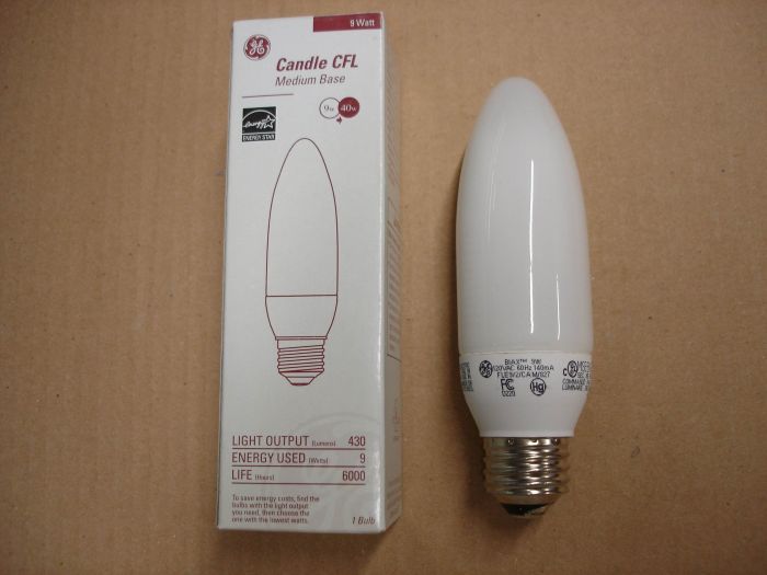 GE 9W CFL
A GE 9W BIAX non-dimmable warm white Candle compact fluorescent lamp. This 9W CFL equals 40W incandescent.

Made in: China

Lumens:  430

lamp life: 6000 hours

Colour temperature: 2700K

Current: 140 mA

CRI: 82

Lamp shape: B13 

