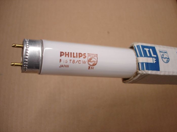 Philips F15T8
Here is a Philips F15T8 cool white fluorescent lamp.

Made in: Japan

Manufactured: October 1993

Lamp lumens: 960 initial

Lamp life: 7500 hours

Colour temperature: 4100K

CRI: 67
