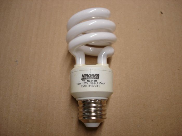 Niagara Conservation 13W CFL
Here is a Niagara Conservation EarthBrite 13W warm white compact fluorescent lamp. Equals a 60W incandescent.

Made in: China

Lumens: 900

Lamp life: 12,000 hours

Colour temperature: 2700K

Voltage: 120V

Current: 210 mA

Lamp shape: T3 spiral

