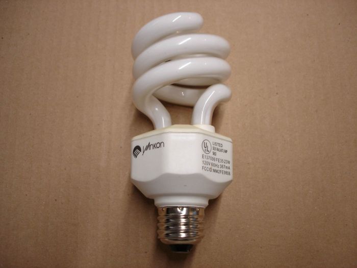Yankon 23W
Here's a Yankon (American Power Products) 23W non dimmable soft white compact fluorescent lamp.

Manufactured: May 2001

Colour temperature: 3000K

Current: 367 mA

Voltage: 120V

Shape: T4 spiral

Lamp life: ~ 10,000 hours

