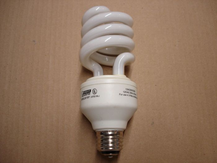  Feit Electric 13W-20W-25W  CFL
Here is a Feit Electric 13W-20W-25W warm white 3-way compact fluorescent lamp. It equals a 30-70-100W incandescent 3-way lamp.

Base:	Medium E26 3 contact
Lamp Shape:	T4 spiral
Lamp Life:	8000 hours
Ballast Type:	Electronic
Wattage:	13-20-25W
Voltage:	120V
Current:	420 mA
Lumen Output:	700-1150-1600 lumens
Color Temperature:	3000K

