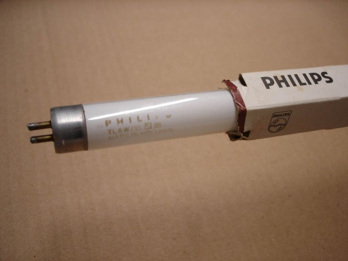 Philips TL8W
Here is a Philips TL8W F8T5 cool white fluorescent lamp.	

Made in:	Holland
Manufactured:	February 1985
Base:  Miniature Bi-pin
Shape:  T5 Linear
Lamp Life: 7500 hours
Wattage:	8W
Lumen Output:	320 lumens
Lumen Efficacy:	40 lm/W
Color Temperature:	4100K
Color Rendering Index:	67 CRI


