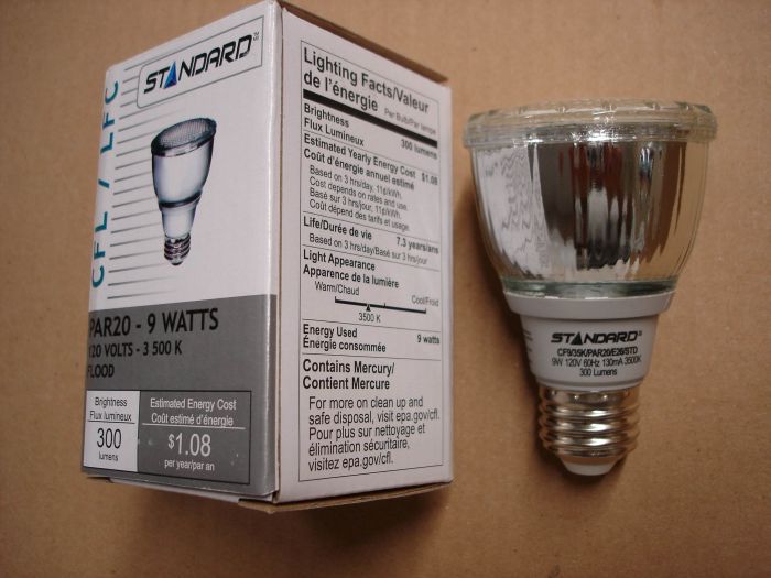 Standard 9W CFL
Here is a Standard 9W PAR20 non-dimmable soft white compact fluorescent flood lamp.

Manufacturer: Standard Products Inc.
Model: CF9/35K?PAR20/E26/STD

Lamp Type: Compact fluorescent
Filament Type:	Cathodes
Base: Medium E26
Shape: PAR20
Lamp Life: 8000 hours
Ballast Type: Electronic
Wattage: 9W
Voltage: 120V
Current: 130 mA
Lumen Output:	300 lumens
Lumen Efficacy: 33 lm/W
Color Temperature: 3500K
Factory Location: China
