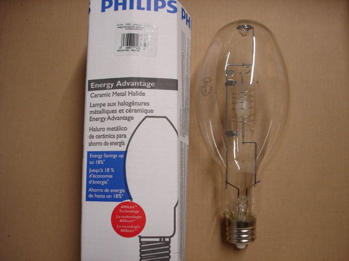 Philips 330W Metal Halide
A Philips 330W Energy Advantage protected ceramic metal halide lamp that can be operated in fixtures with 400W pulse start or probe start metal halide ballasts for energy savings.

Manufacturer: Philips
Model: CDM330/U/O/4K EA
Lamp Type: Metal halide
Filament:	Aluminum oxide arc tube and electrodes
Base: Mogul E39
Shape: ED37
Lamp Life: 20,000 hours
Wattage: 330W
Voltage: 280V
Current: 3.02A
Lumen Output:	24,000 lumens
Lumen Efficacy: 73 lm/W
Color Temperature: 4000K
CRI:	86
Factory Location: USA
Fabrication Date: May 21,2010



