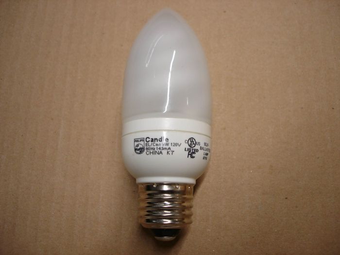 PHILIPS 9W CFL
A Philips 9W warm white non-dimmable Candle compact fluorescent lamp. It equals a 40W incandescent.       Manufacturer:	Philips
Model:	EL/Can9W 120V
Lamp Type:	Compact fluorescent
Base: Medium E26
Shape: Torpedo
Lamp Life: 8000 hours
Ballast Type: Electronic
Wattage: 9W
Voltage: 120V
Current: 143 mA
Lumens: 425 lumens
Lumen Efficacy: 47 lm/W
Color Temperature: 2700K
Color Rendering Index: 82 CRI
Made in: China
Manufactured: October 2007
