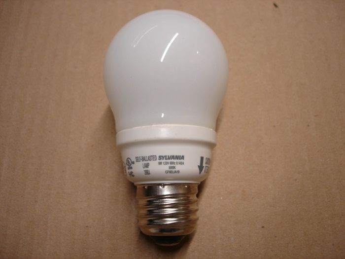 Sylvania 9W CFL
Here's a Sylvania 9W non-dimmable covered soft white compact fluorescent lamp.  

Manufacturer: Sylvania
Model #:	CF9EL/A19

Lamp Type: Compact fluorescent
Base: Medium E26
Shape: A19
Lamp  Life: 10,000 hours
Ballast Type: Electronic
Wattage: 9W
Voltage: 120V
Current: 0.143A
Lumens:	450 lumens
Lumen Efficacy: 50 lm/W
Color Temperature: 3000K
Made in: China
