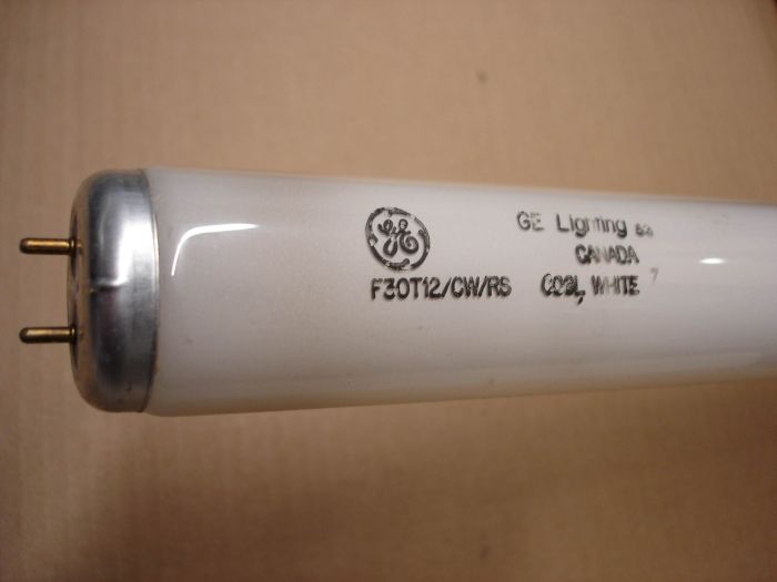 GE F30T12
Here is a GE Lighting Canada F30T12 cool white rapid start fluorescent lamp.                                                                                     
                                                                                     
Manufacturer:	GE Lighting Canada
Model Reference:	F30T12/CW/RS
Lamp Type:	Fluorescent
Base:	Medium Bi-pin (G13)
Shape:	T12 linear
Lamp Life:	18,000 hours
Wattage:	30W
Lumen Output:	1910 lumens
Lumen Efficacy:	64 lm/W
Color Temperature:	4100K
CRI:	60 CRI
Manufactured in:	Canada
