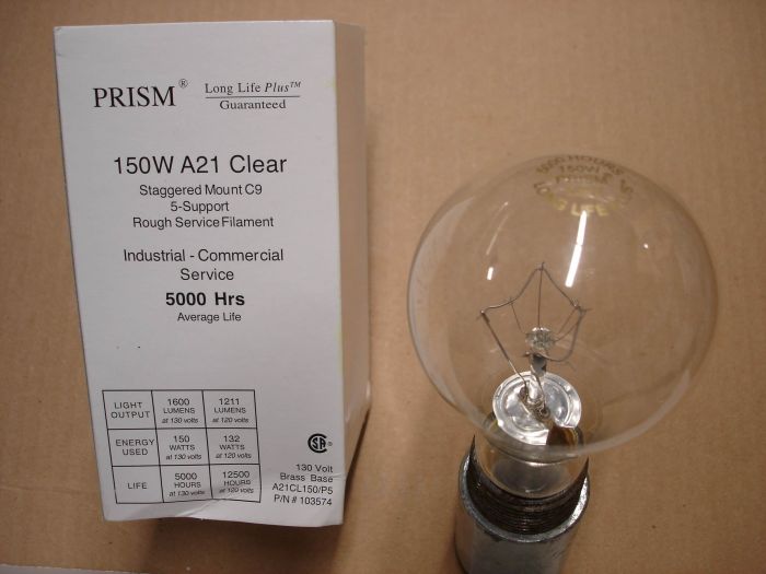 Prisim 150W
A Prism 150W clear Long Life Plus industrial commercial service incandescent lamp.                                                                               
                                                                               
Manufacturer:	Prism
Model:	A21CL150/PS
Lamp Type:	Incandescent
Filament:	C-9 5 support staggered mount
Base:	Medium E26 brass
Shape:	A21
Lamp Life:	5000 hours
Wattage:	150W
Voltage:	130V
Current:	1.07A
Lumen Output:	1600 lumens
Lumen Efficacy:	11 lm/W
Color Temperature:	2700K
CRI:	100 CRI
Manufactured in:	China
