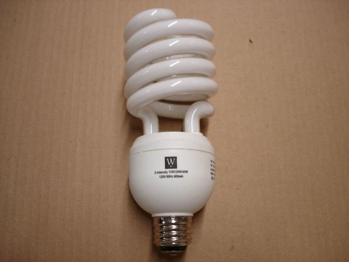 WESTPOINTE 15-26-40W CFL
Here is a Westpointe 3-intensity 15W 26W 40W warm white compact fluorescent lamp.


Manufacturer:	Westpointe
Model:	BH3507
Lamp Type:	Compact fluorescent
Base:	Medium E26 3 contact
Shape:	T4 spiral
Lamp Life:	~10,000 hours
Ballast Type: Electronic
Wattage:	15-26-40W
Voltage:	120V
Current:	600 mA
Color Temperature:	2700K
Made in:	China

