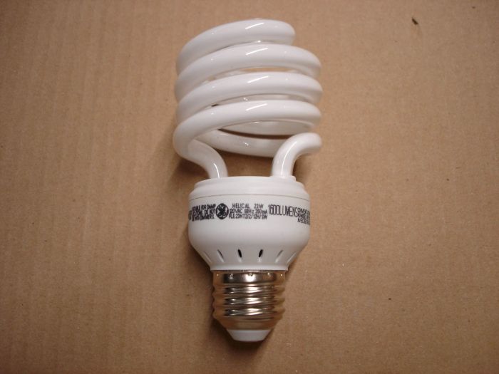GE 23W CFL
Here's a GE 23W Helical non-dimmable soft white compact fluorescent lamp.


Manufacturer:	GE
Model:	FLE23HT2/2/12H/SW
Lamp Type:	Compact fluorescent
Base:	Medium E26
Shape:	T3 spiral
Lamp Life:	12,000 hours
Ballast Type:	Electronic
Wattage:	23W
Voltage:	120V
Current:	350 mA
Lumen Output:	1600 lumens
Lumen Efficacy:	70 lm/W
Color Temperature:	2700K
CRI:	82 CRI
Made in:	China
