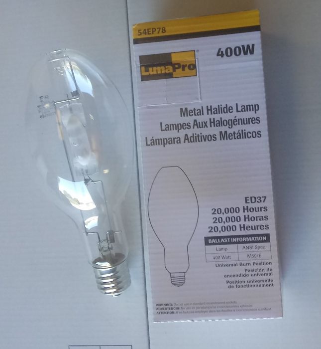 LumaPro MH
400 watt. Made in China. I wonder if it will last the 20K hours as stated.
Keywords: Lamps. MH. Chinabulb