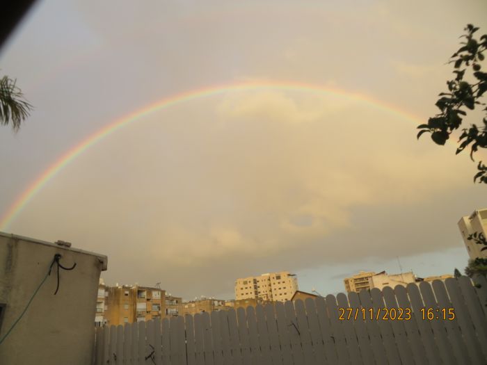 Rainbow in the sky from my hostel
There was a complete rainbow several mins ago, this is very common here in Israel during the winter.
