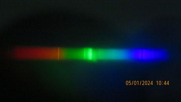 The surprising spectrum of my 70W 8000K from Aliexpress
Note [b]complete[/b] self-reversal of the indium line (More even than with my 14000K indium lamp) and the thermal broadening of the thallium line. There is also some sodium, which I don't know if it is an impurity from the quartz or an intentional dosage, as sodium requires the reflective coatings to rise its pressure, compared to indium and thallium.
It is just a shame that they didn't put similar dosage of thallium so its line would have also a complete self-reversal.
I'm wondering what would happen if they would put only the indium in such an amount, which CCT the lamp would.
