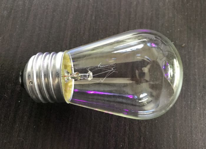 Incandescent S14 for light strings
Generic 130v lamp for decorative indoor/outdoor light strings. Unknown brand, made in China. Specs for these are roughly 70 lumens, 5000 hrs at 120v and color temperature is warmer (maybe around 2500K?)
