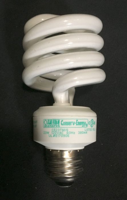 Feit ConservEnergy 23w spiral CFL
Nothing special, but since LED has made these energy-saving lamps of last decade obsolete, I saved this one. These have a very slight delay and ramp-up during a cold start but hot restrike is instant,  so I suspect a PTC-type starting circuitry may be used in this ballast.
