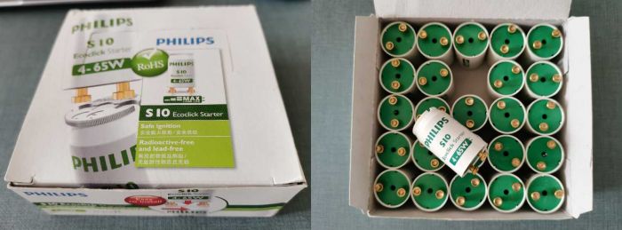 A box of Philips S10 Ecoclick starters
[url=https://postimg.cc/WdBDzCB1][img]https://i.postimg.cc/WdBDzCB1/1656289834490.png[/img][/url]
中文：60元问朋友买的，应该是正品
English: I asked my friend for 60 yuan. It should be genuine
