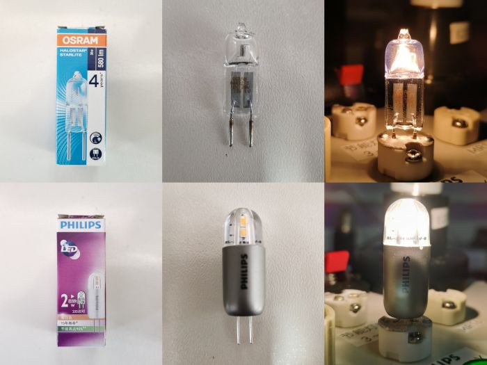 上面：飞利浦标准型LED 2W
下面：欧司朗卤钨之星®35W
Above: Philips standard LED 2W
Below:Osram Halogen Star® 35W
Keywords: halogen LED capsule