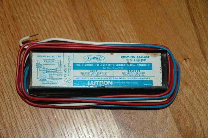 Lutron Tu-Wire single lamp F40T12 dimming ballast
I never knew that Lutron made magnetic dimming ballasts, until now. This one uses a proprietary method of dimming with just a line and neutral wire (hence the name "Tu-Wire".
Keywords: Lutron Gear