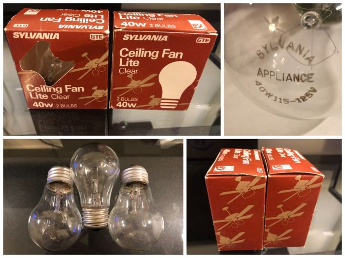 Vintage GTE Sylvania 40w Clear A15 Ceiling Fan Bulbs
Here are two neat packs of vintage GTE Sylvania incandescent ceiling fan bulbs. One pack only contains one bulb. I like the little ceiling fans they put all over the packaging! It appears that these are relabeled appliance lamps, according to the etch. I always wondered if they were one and the same, and I guess they are! These are very cool bulbs, I'm glad to have them in my collection!
Keywords: incandescent lamp bulb ceiling fan fridge oven 40w 40 watt 40-watt 120 volt 120v light kit E26 A15 E-26 A-15 small vintage GTE general telephone electronics sylvania syl osram GTE-Sylvania lamps