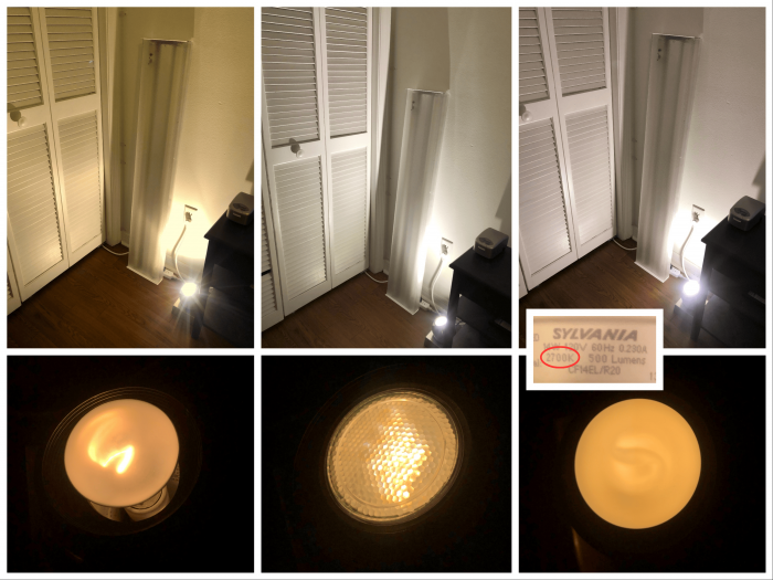 Incandescent vs. LED vs. "2700K" CFL R20/PAR20s in my Uplight
Today, I decided to compare various R20 light bulbs in my little Kenroy Home incandescent uplight. I tried the Philips 45w incandescent I normally use, a Sylvania 14w CFL, and a GE 7w LED LED PAR20. The incandescent had a nice warm color with a wide beam spread. The LED's more narrow beam and 3000K color didn't look nearly as good in my opinion. The real surprise was when I got to the CFL. It had a very whitish color to it. It was more similar to the LED than the incandescent. [Continued in Comments]
Keywords: incandescent cfl led philips sylvania ge 2700k "2700k" 3000k r20 par20 uplight warm white lit_lighting