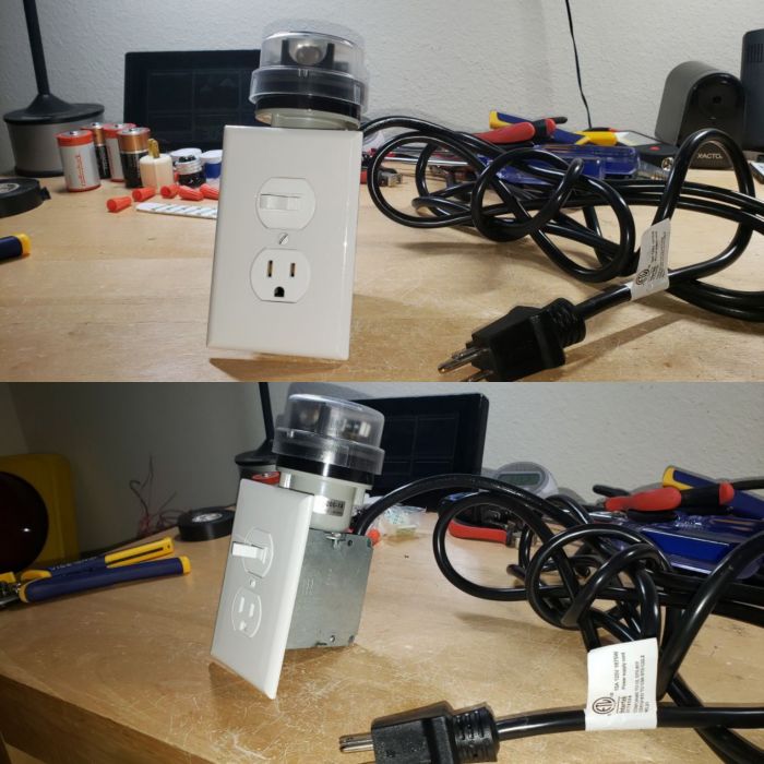 My photocontrolled outlet box with disconnect now has a twist lock photocontrol receptacle 
I have put a photocontrol receptacle on my photocontrolled outlet with disconnect switch. You like?
Keywords: Miscellaneous