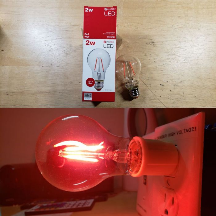 Utilitech 2w red LED filament bulb
I went to Lowe's. And I found all of their Christmas stuff on clearance, and this and the green were on sale, for 50%.

TBH, this kinda looks like it was Feit Electric made or something...
Keywords: Lamps