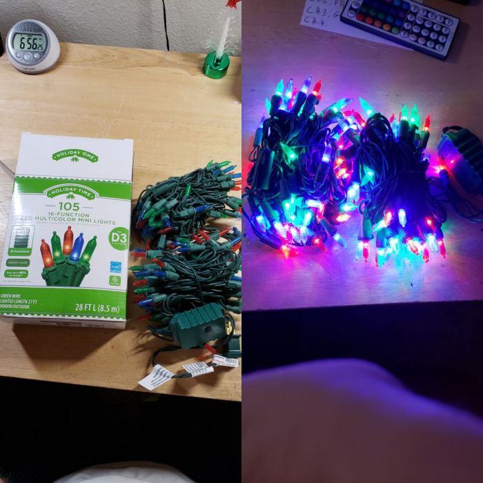 Holiday Time 105ct. multifunction multi color LED string set
I got these at Walmart for 50%. All of their Christmas stuff is 50%.
Keywords: Miscellaneous 