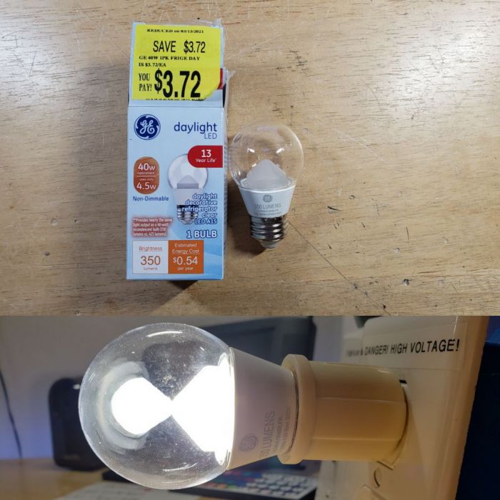 GE 4.5w LED refrigerator bulb
A Walmart clearance find. This one I think its interesting, because of the cone shape on the base of the bulb where the LEDs are at.
Keywords: Lamps