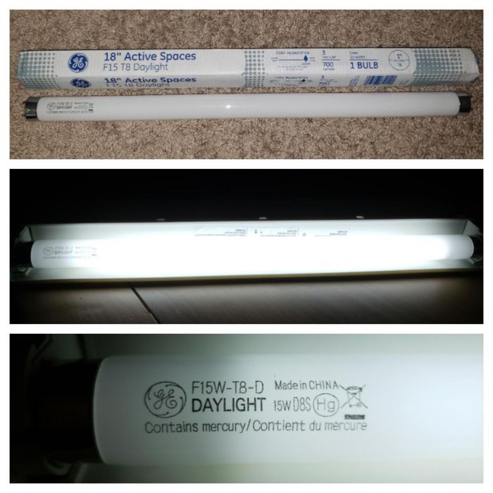 GE F15W-T8-D 
I went ahead and got this at Walmart, and I'm going to see how long this fluorescent tube can last. These Chinese GE tubes have cathode guards in them, while the Indonesian GE tubes didn't, I believe. So the warm white tube which lasted almost two and a half years. So let's see how long this GE fluorescent tube does. If it doesn't last that long, I'm switching to the Philips Alto F15s.
Keywords: Lamps