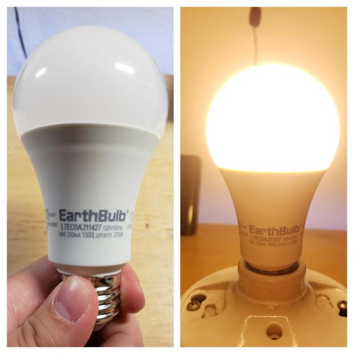 Earthbulb 14w (100w EQ) warm white LED bulb
Showing you the bulb, and being lit.
Keywords: Lamps